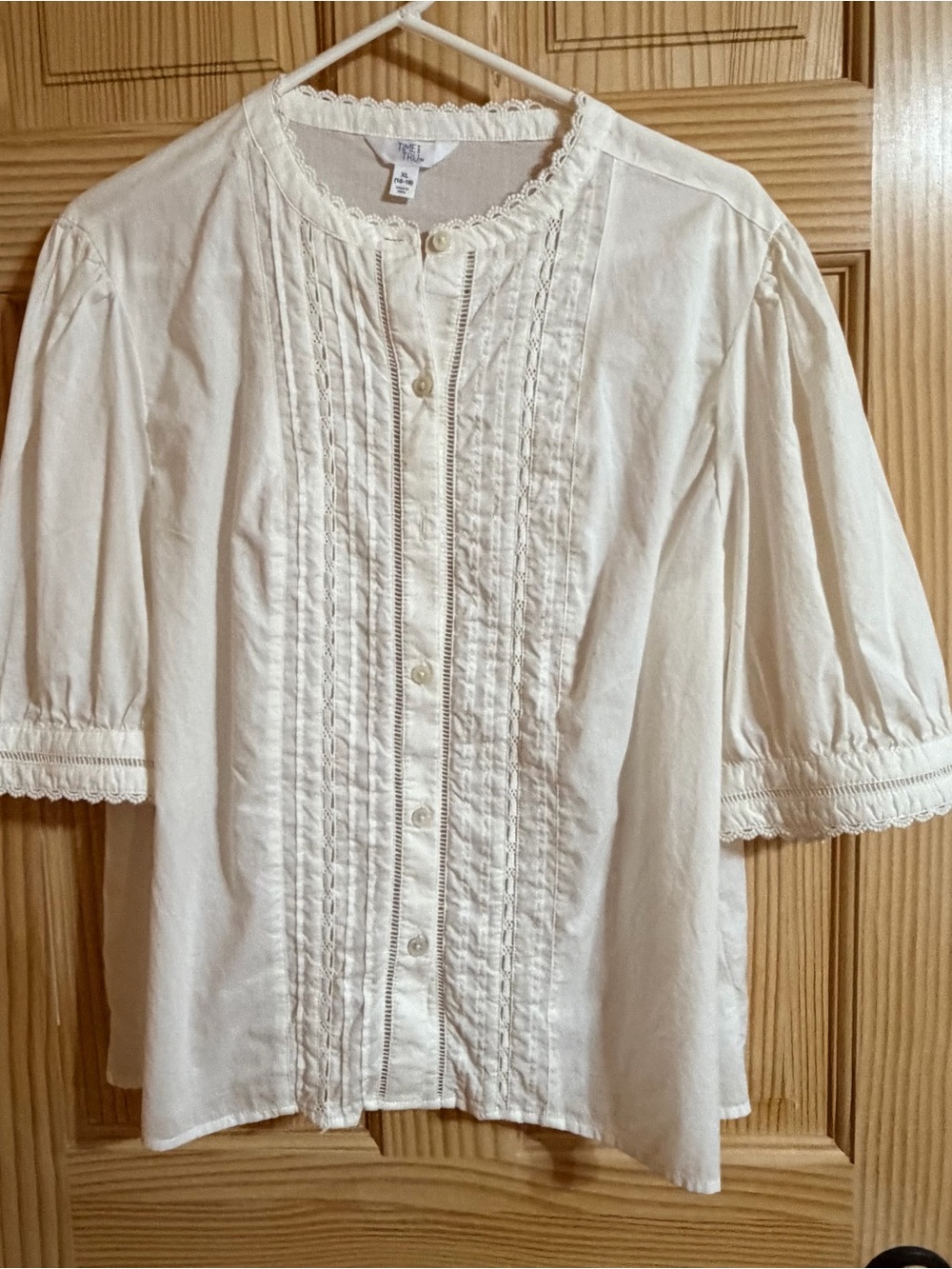 Cream Pintuck Lace-Trim Button Front Blouse